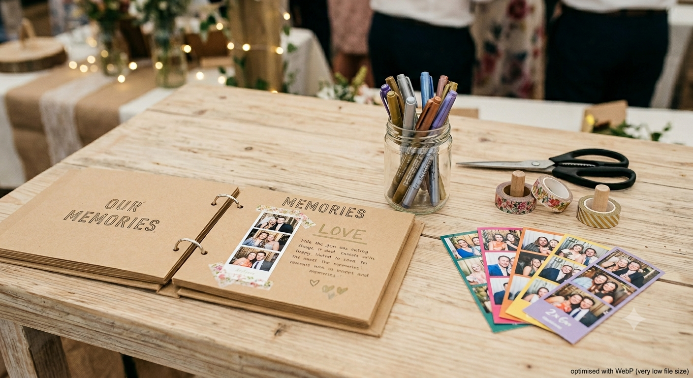 Scrapbook station with photo strips and decorating supplies