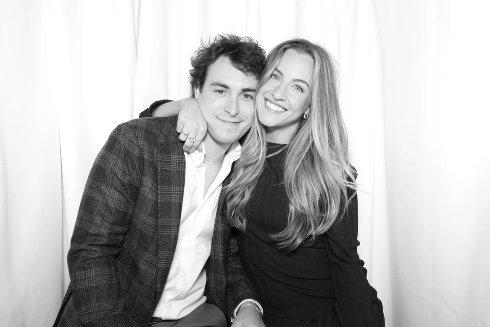Black-and-white Glam photo booth portrait of a couple